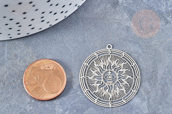 Pendentif estampe filigrane rond soleil acier 201 inoxydable argenté 32.5x30mm, pendentif très léger pour boucles et colliers x2 (G4110)