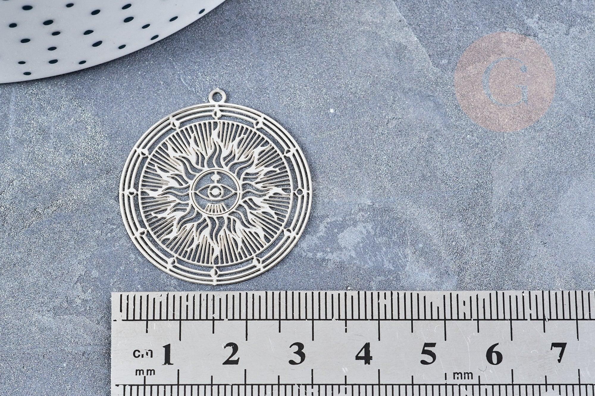 Pendentif estampe filigrane rond soleil acier 201 inoxydable argenté 32.5x30mm, pendentif très léger pour boucles et colliers x2 (G4110)