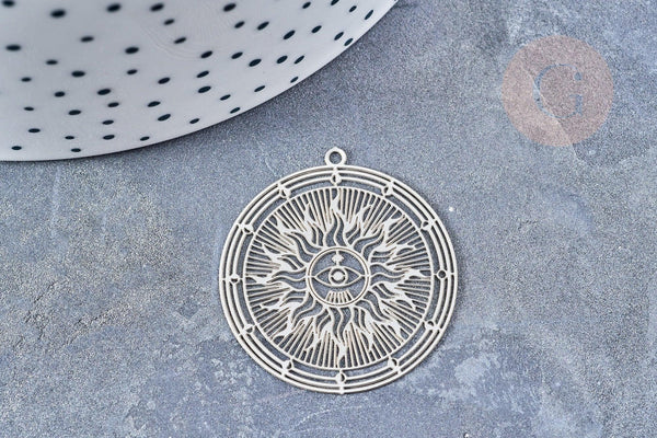 Pendentif estampe filigrane rond soleil acier 201 inoxydable argenté 32.5x30mm, pendentif très léger pour boucles et colliers x2 (G4110)