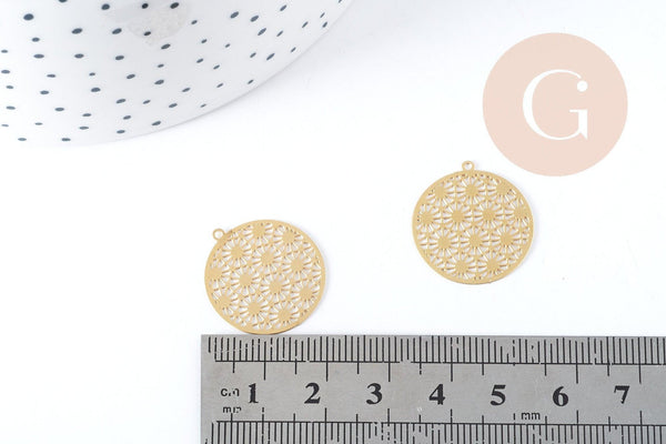 Pendentif estampe filigrane soleil géométrique acier 201 doré 18K inoxydable 22mm, x1 G8935