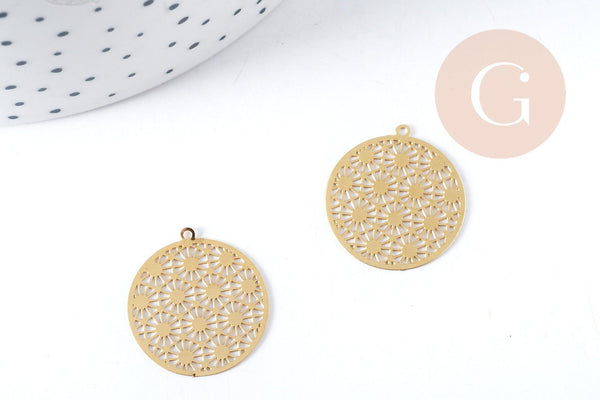 Pendentif estampe filigrane soleil géométrique acier 201 doré 18K inoxydable 22mm, x1 G8935