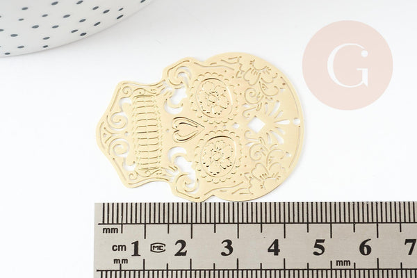 Pendentif estampe filigrane tête de mort laiton doré, Pendentif très fin et léger, 46 x 34 mm, x2 (G3697)