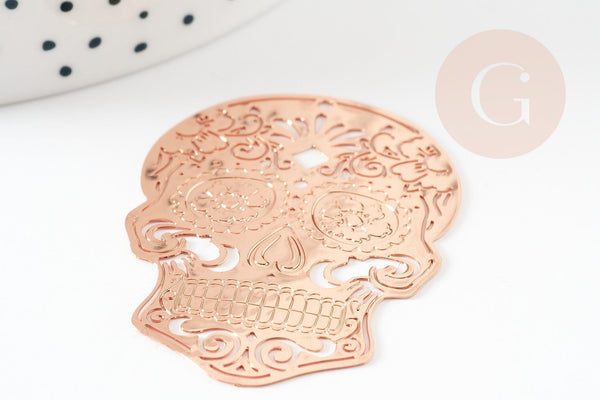 Pendentif estampe filigrane tête de mort laiton or rose, Pendentif très fin et léger,46 x 34 mm, x2 (G3689)