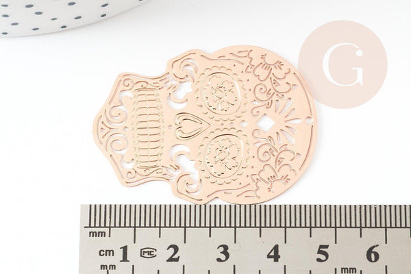 Pendentif estampe filigrane tête de mort laiton or rose, Pendentif très fin et léger,46 x 34 mm, x2 (G3689)