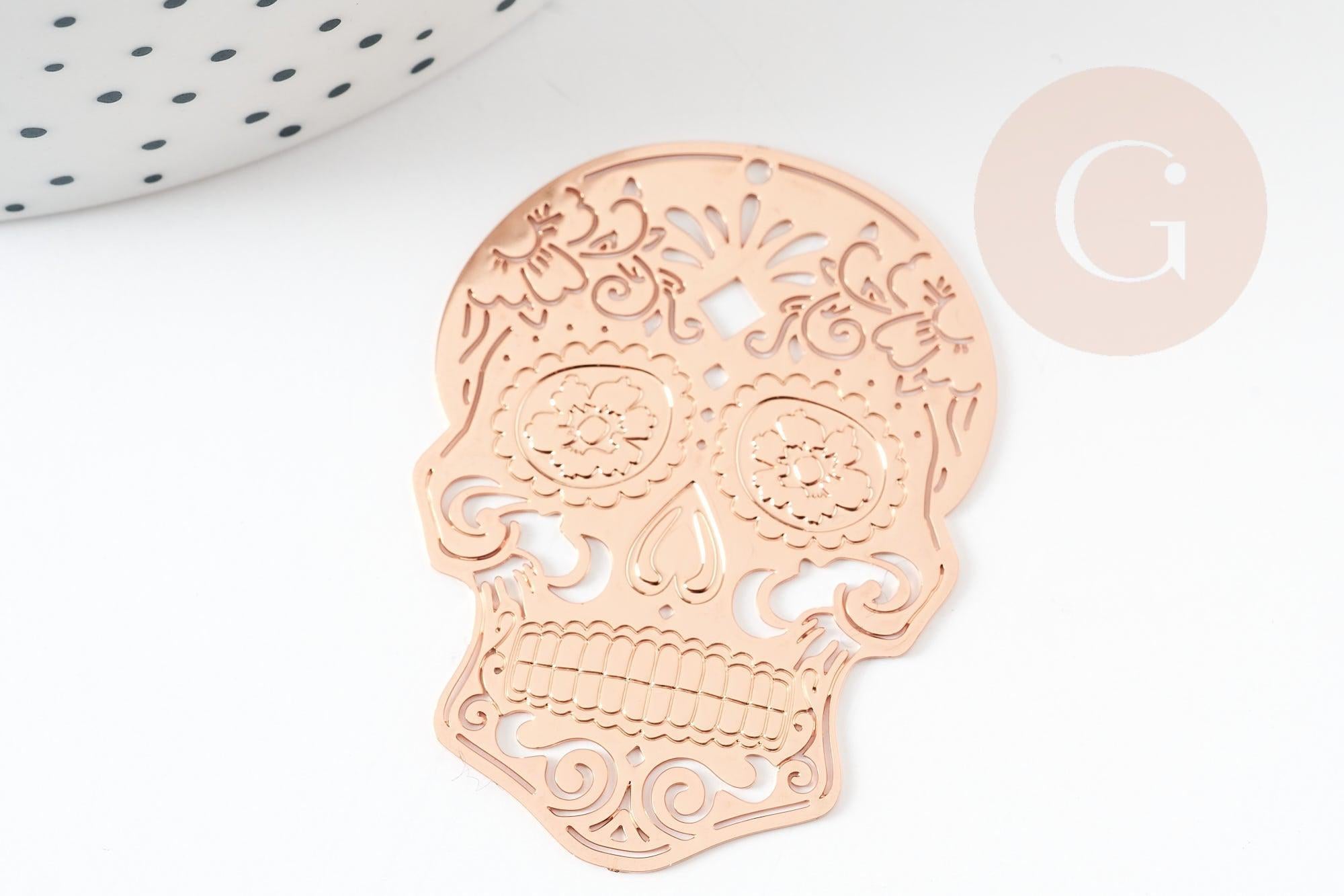 Pendentif estampe filigrane tête de mort laiton or rose, Pendentif très fin et léger,46 x 34 mm, x2 (G3689)