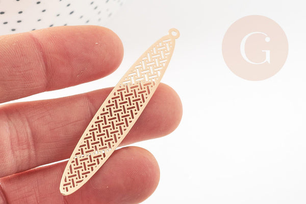 Pendentif estampe ovale motif géométrique laiton dore 61mm,breloque sans nickel pour création bijoux x2 (G9306)