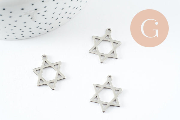 Pendentif étoile David acier 304 inoxydable argent 25mm, x1 (G9824)