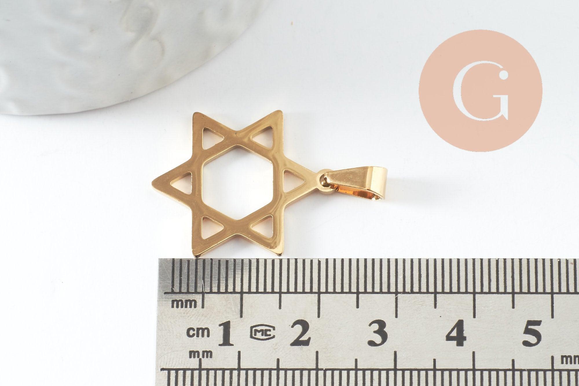 Pendentif étoile David acier 304 inoxydable doré 25mm, x1 (G9856)