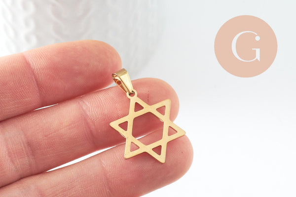 Pendentif étoile David acier 304 inoxydable doré 25mm, x1 (G9856)