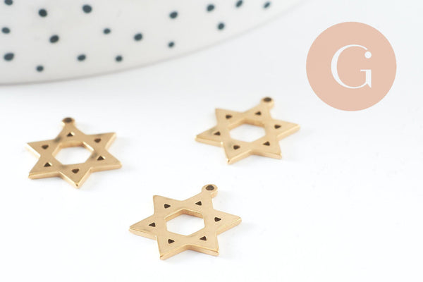 Pendentif étoile David acier 304 inoxydable doré PVD 18K 17mm, x1 (G9823)