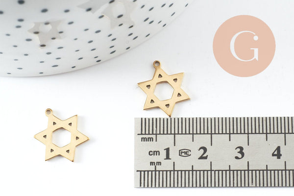 Pendentif étoile David acier 304 inoxydable doré PVD 18K 17mm, x1 (G9823)
