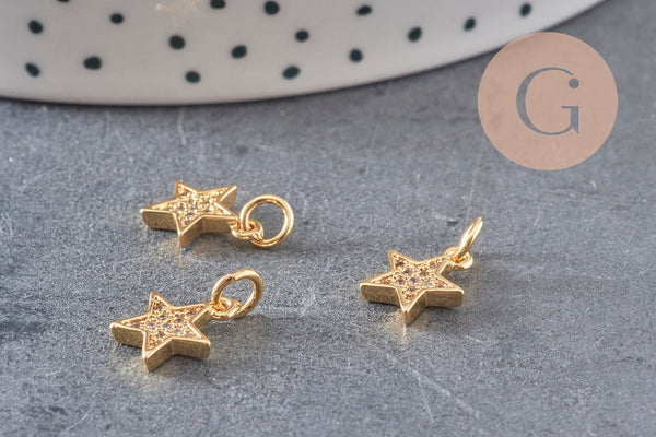Pendentif étoile doré cristal zircon, pendentif doré,porte-bonheur,laiton dore,bijou constellation,11.5mm, x1 (G4062)