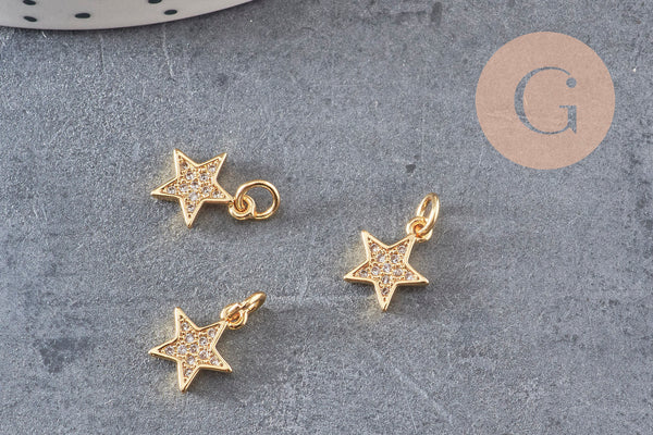 Pendentif étoile doré cristal zircon, pendentif doré,porte-bonheur,laiton dore,bijou constellation,11.5mm, x1 (G4062)