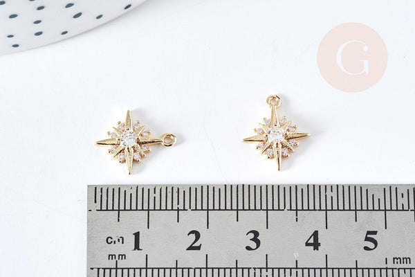 Pendentif étoile du nord laiton doré 14K cristal zircon blanc 14mm, pendentif doré création bijou, x1 (G8576)