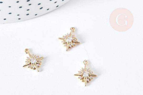 Pendentif étoile du nord laiton doré 14K cristal zircon blanc 14mm, pendentif doré création bijou, x1 (G8576)