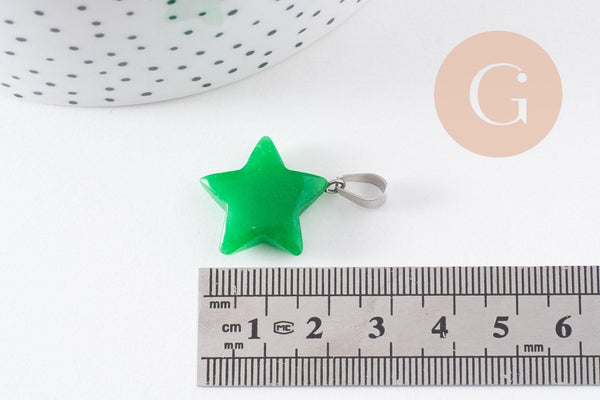 Pendentif étoile jade naturel vert acier inoxydable platine 22mm, x1 (G10072)