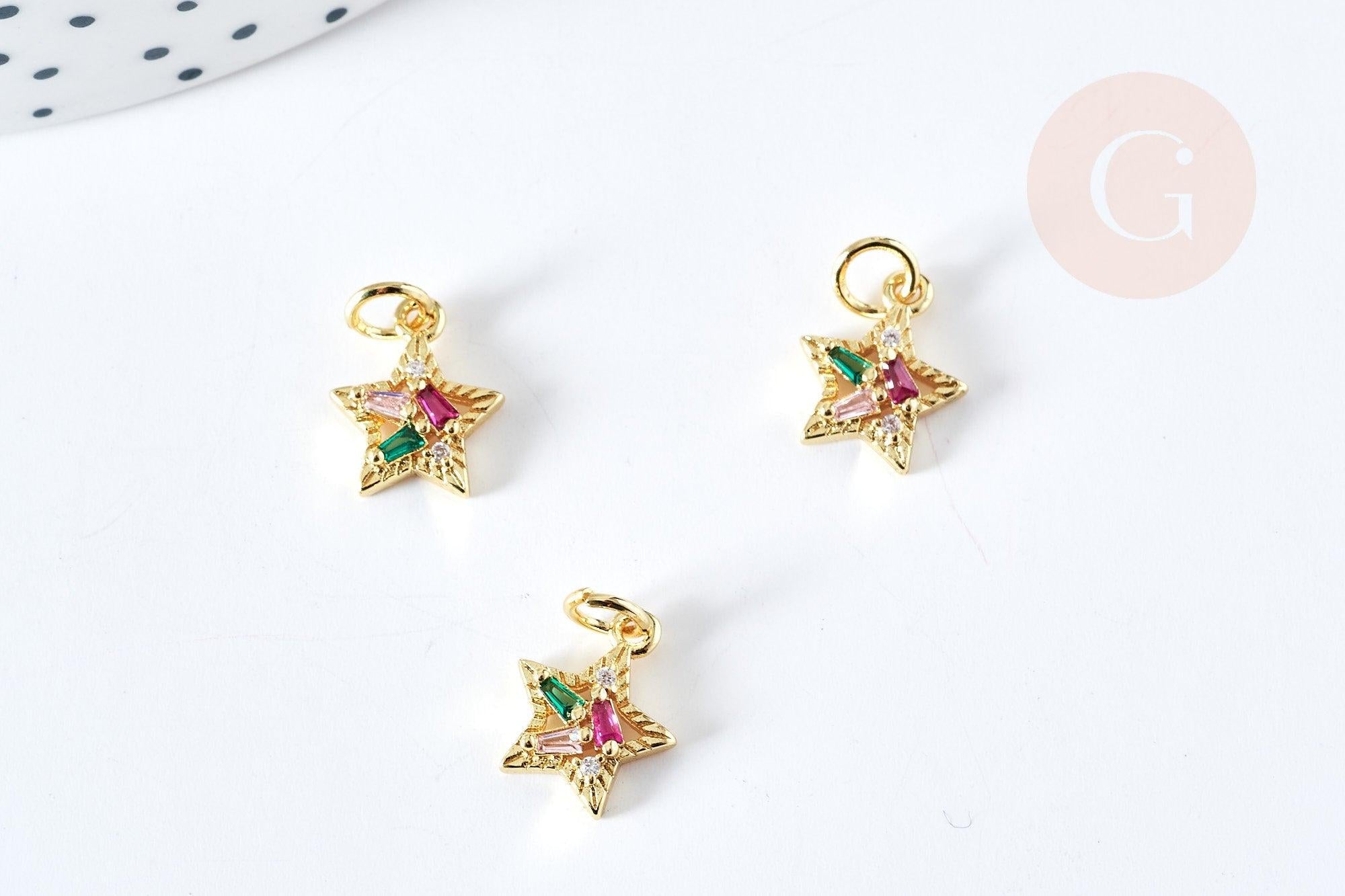 Pendentif étoile laiton doré 18K cristal zircon multicolore 12mm, x1 G8579