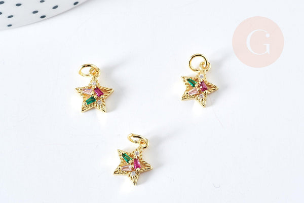 Pendentif étoile laiton doré 18K cristal zircon multicolore 12mm, x1 G8579