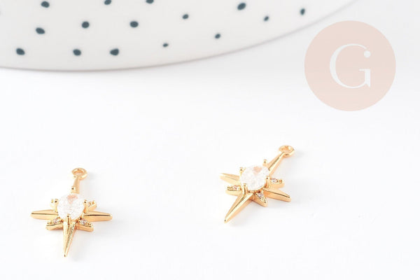 Pendentif étoile laiton doré 18K zircon, pendentif doré,porte-bonheur,bijou constellation,création bijoux,21.5mm, x1 G5246