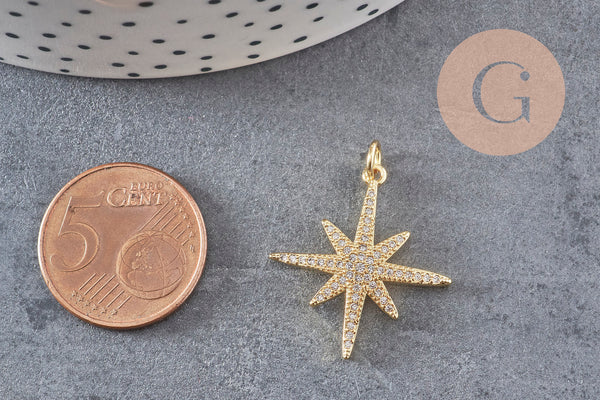 Pendentif étoile laiton doré cristal zircon 25mm, x1 (G0476)