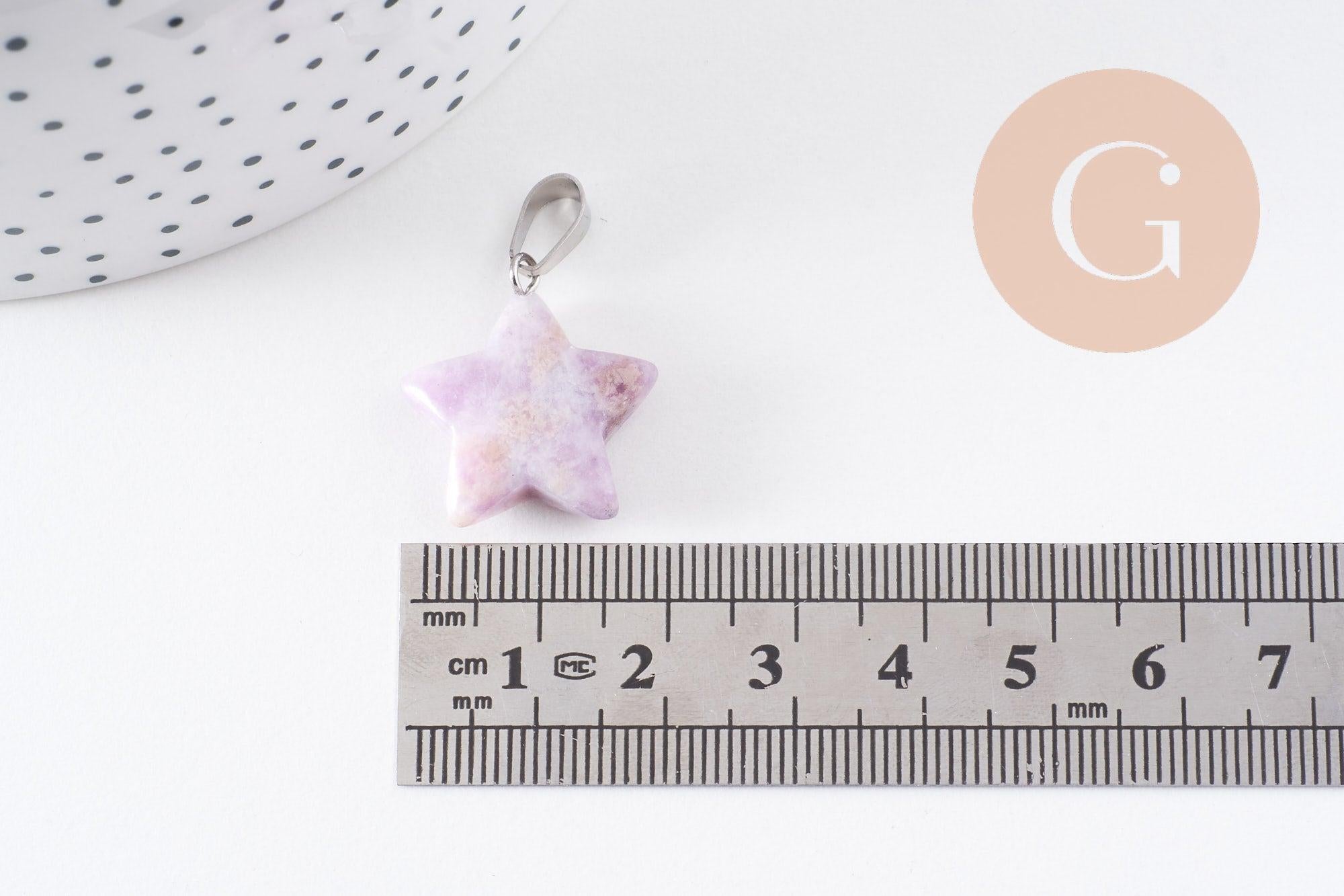 Pendentif étoile lépidolite naturelle violette acier inoxydable platine 22mm, x1 (G10071)