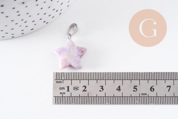 Pendentif étoile lépidolite naturelle violette acier inoxydable platine 22mm, x1 (G10071)