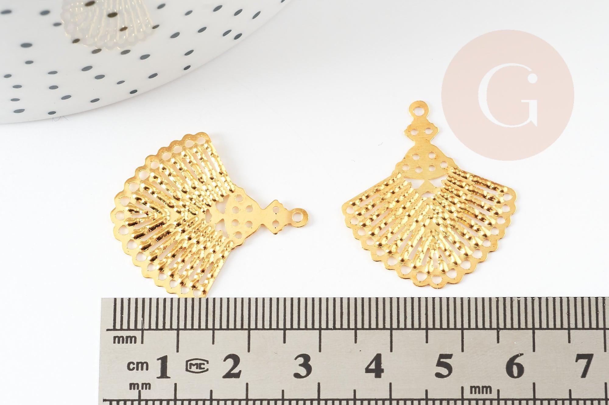 Pendentif éventail doré filigrane fer doré, pendentif, pendentif doré, 28.5mm,x10 (G3893)