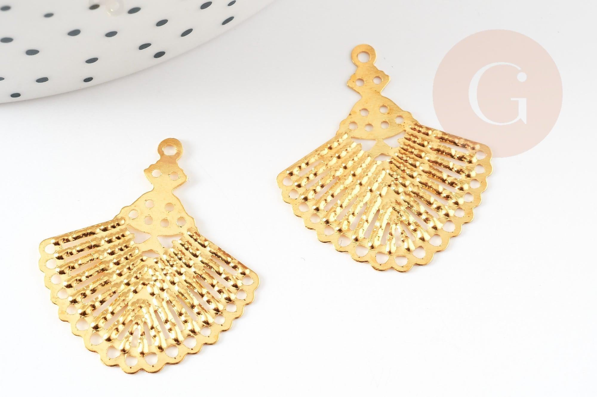 Pendentif éventail doré filigrane fer doré, pendentif, pendentif doré, 28.5mm,x10 (G3893)