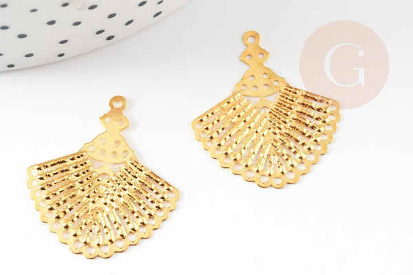 Pendentif éventail doré filigrane fer doré, pendentif, pendentif doré, 28.5mm,x10 (G3893)