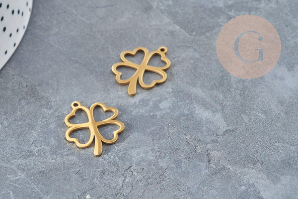 Pendentif évidé trèfle en acier 304 doré inoxydable 23mm, un bijou en acier hypoallergénique, x1 (G4831)