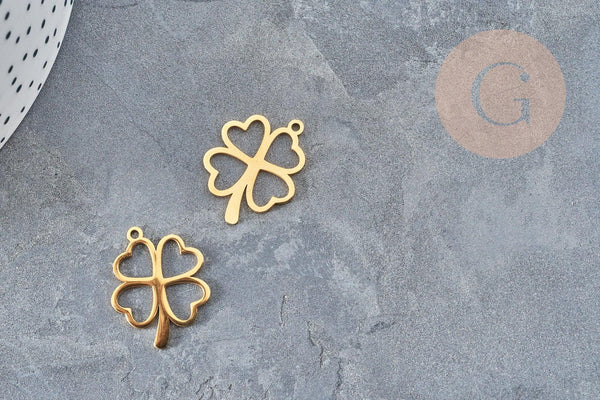 Pendentif évidé trèfle en acier 304 doré inoxydable 23mm, un bijou en acier hypoallergénique, x1 (G4831)