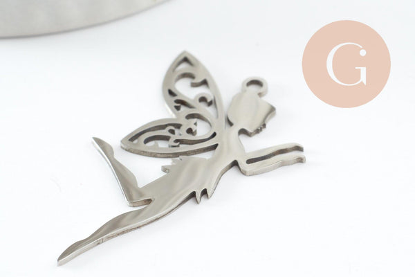 Pendentif fée clochette d'ange acier 201 inoxydable platine 41mm, x1 (G9803)