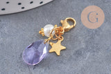 Pendentif fermoir cristal facetté acier inoxydable doré 34mm, pendentif perle en verre, fabrication de porte clés, x1 (G7102)