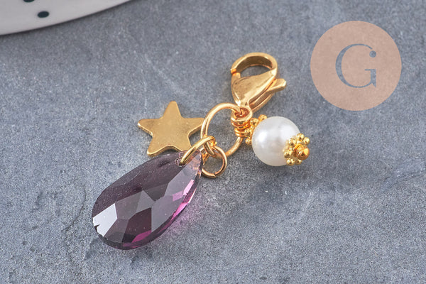 Pendentif fermoir cristal facetté acier inoxydable doré 34mm, pendentif perle en verre, fabrication de porte clés, x1 (G7102)