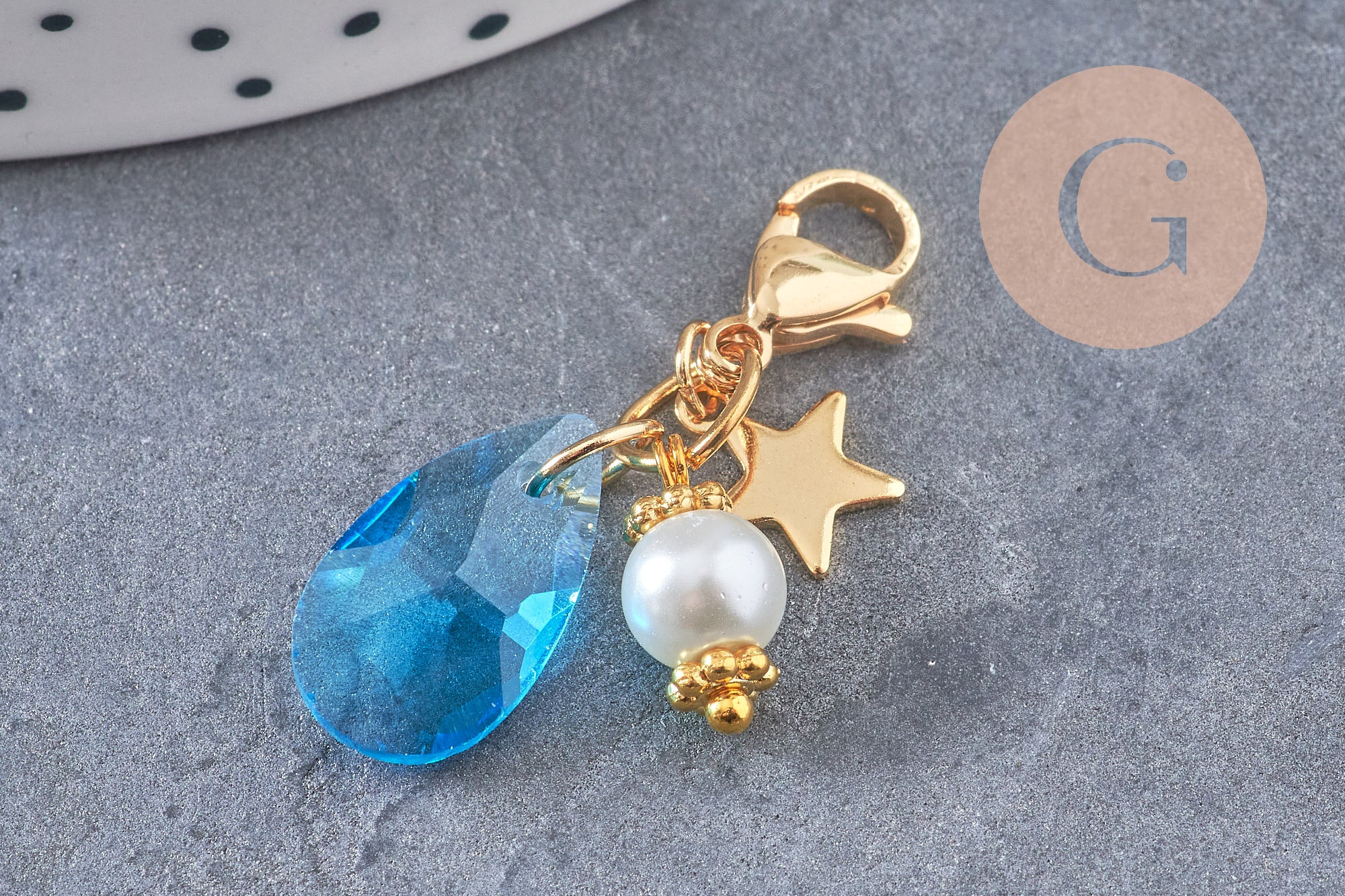 Pendentif fermoir cristal facetté acier inoxydable doré 34mm, pendentif perle en verre, fabrication de porte clés, x1 (G7102)