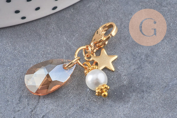 Pendentif fermoir cristal facetté acier inoxydable doré 34mm, pendentif perle en verre, fabrication de porte clés, x1 (G7102)