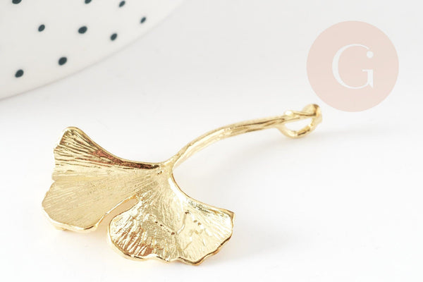 Pendentif feuille Ginkgo laiton brut 43mm, breloque laiton brut pour création bijou nature x1 (G9266)