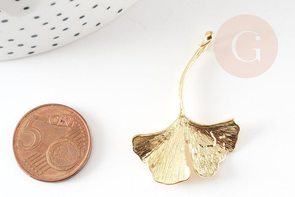 Pendentif feuille Ginkgo laiton brut 43mm, breloque laiton brut pour création bijou nature x1 (G9266)