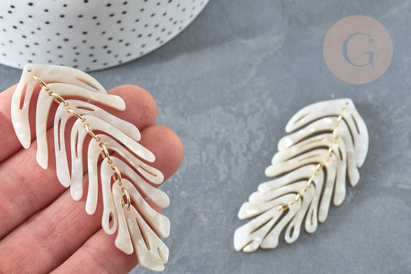 Pendentif feuille acétate blanc fer doré 70-76mm, plastique, x2 (G7351)