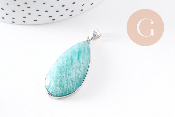 Pendentif feuille amazonite naturelle laiton platine ou doré 34-46mm, x1 (G10927)