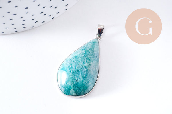 Pendentif feuille amazonite naturelle laiton platine ou doré 34-46mm, x1 (G10927)