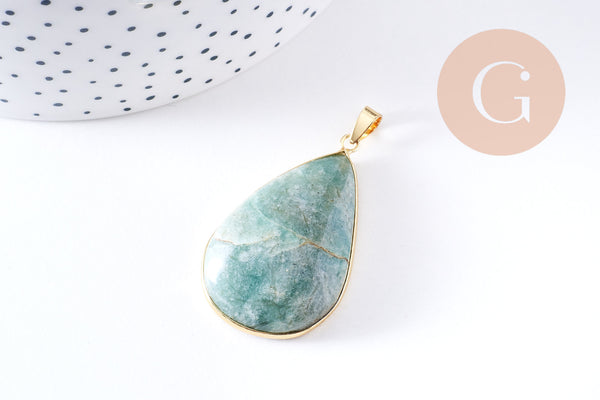Pendentif feuille amazonite naturelle laiton platine ou doré 34-46mm, x1 (G10927)