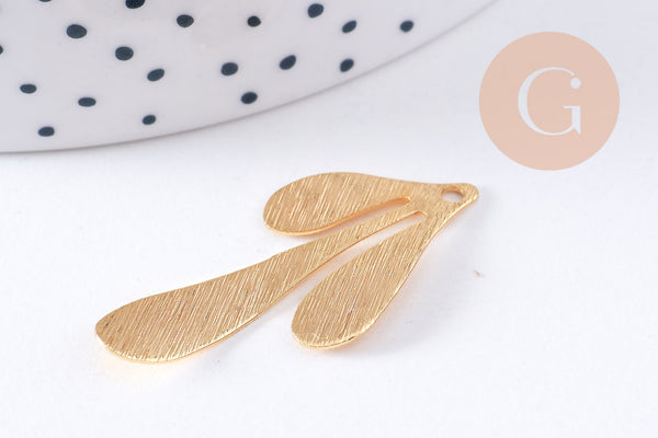 Pendentif feuille brossé laiton doré 18K 35.5mm, x1 (G6259)