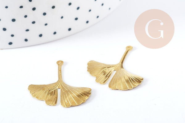 Pendentif feuille de Gingko laiton brut 29mm, fourniture pour création bijoux x2 (G9228)