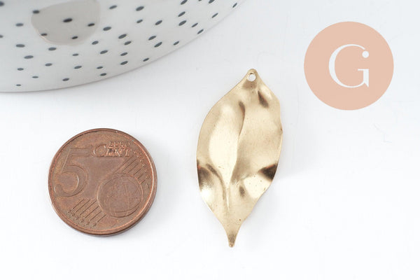 Pendentif feuille laiton,breloque laiton brut,pendentif feuille, bijoux,pendentif laiton brut,35mm, x5 (G8047)