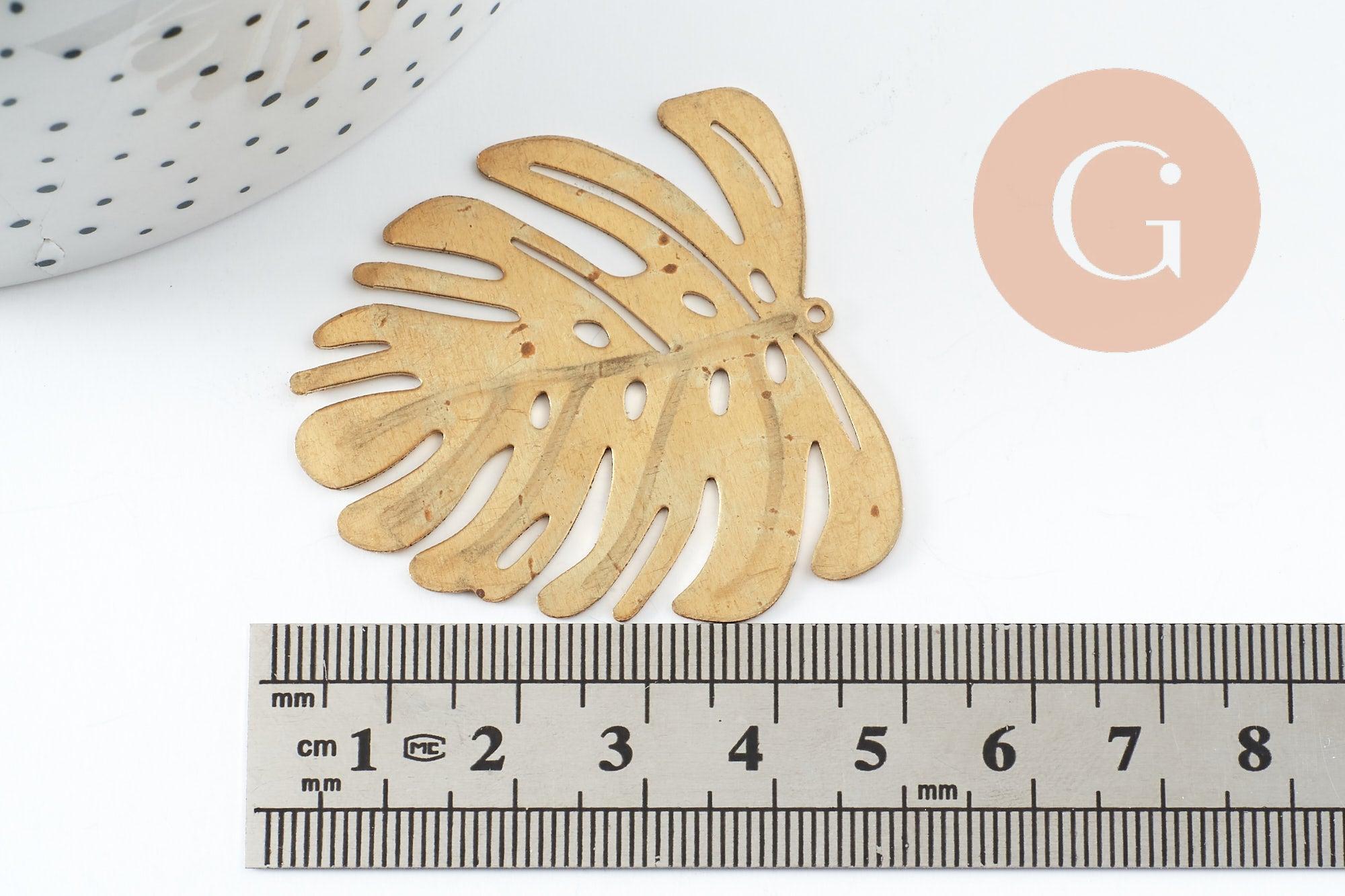 Pendentif feuille laiton,fourniture bijou,breloque laiton brut,bijou laiton,feuille monstera 45mm, x1 (G0917)