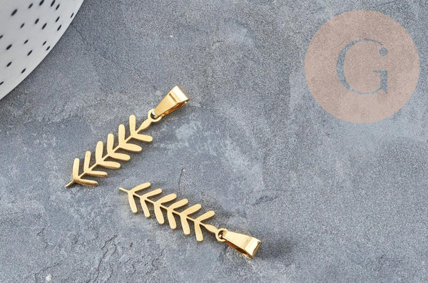 Pendentif feuille laurier acier doré 304 inoxydable 25.5mm, bijou en acier hypoallergénique x1 (G4763)