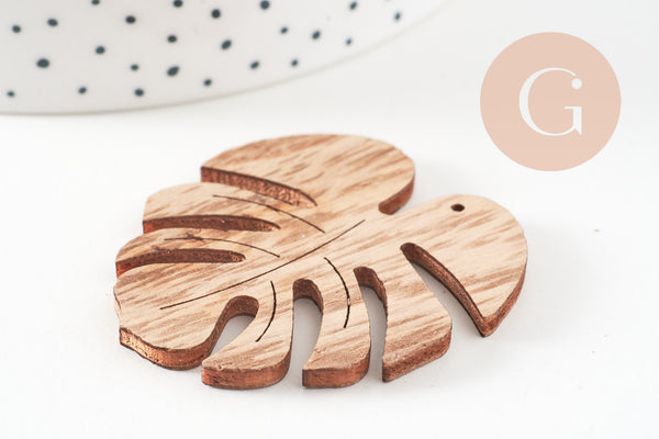 Pendentif feuille monstera bois naturel 49mm, création bijoux bois, x1 (G2452)