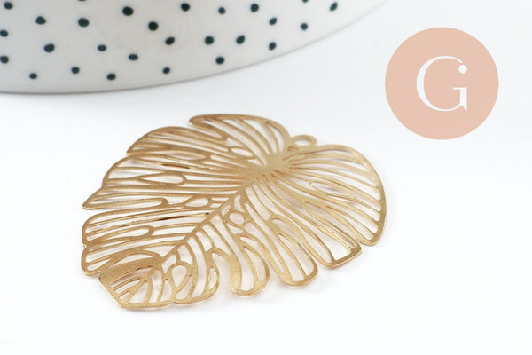 Pendentif feuille monstera laiton brut 49mm, création bijoux laiton brut x1 (G0908)