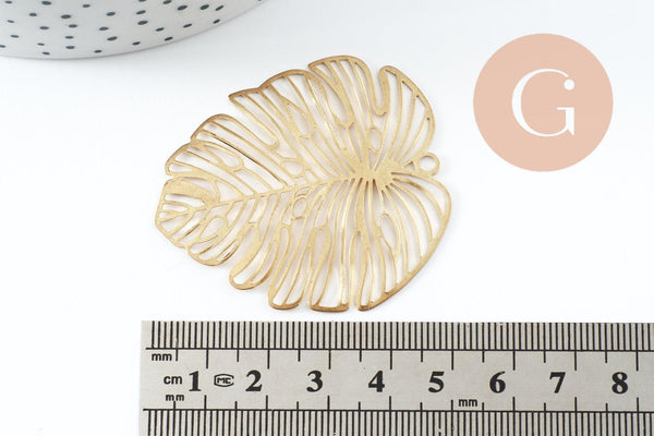 Pendentif feuille monstera laiton brut 49mm, création bijoux laiton brut x1 (G0908)